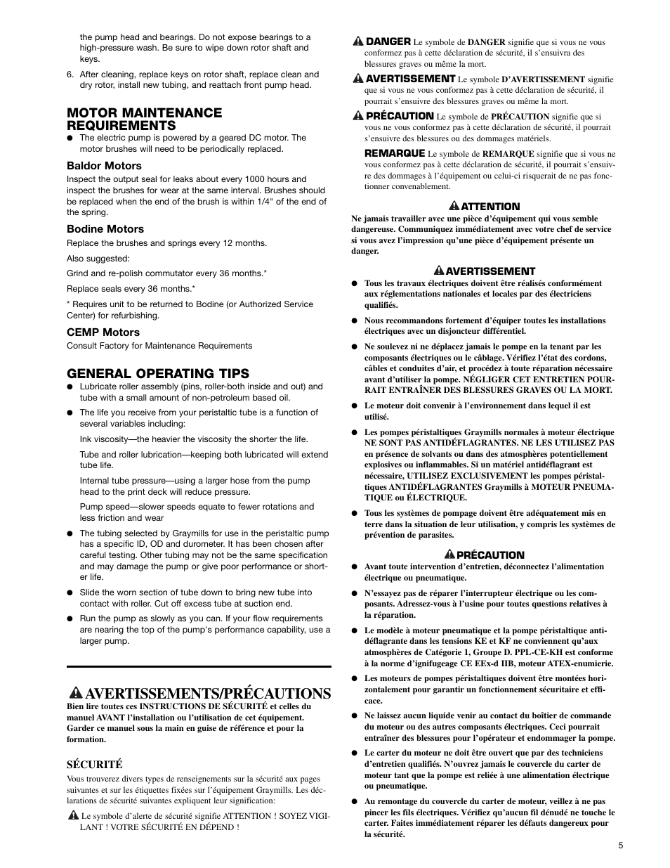 Avertissements/précautions, Motor maintenance requirements, General operating tips | Graymills Peristaltic OMI User Manual | Page 5 / 22