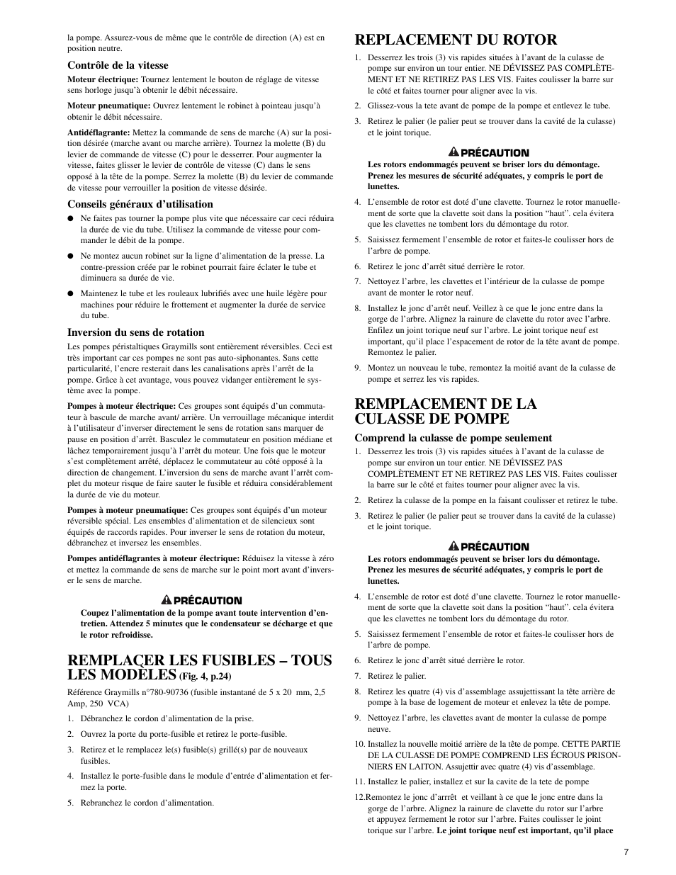Remplacer les fusibles – tous les modèles, Replacement du rotor, Remplacement de la culasse de pompe | Graymills Peristaltic OMI User Manual | Page 7 / 22