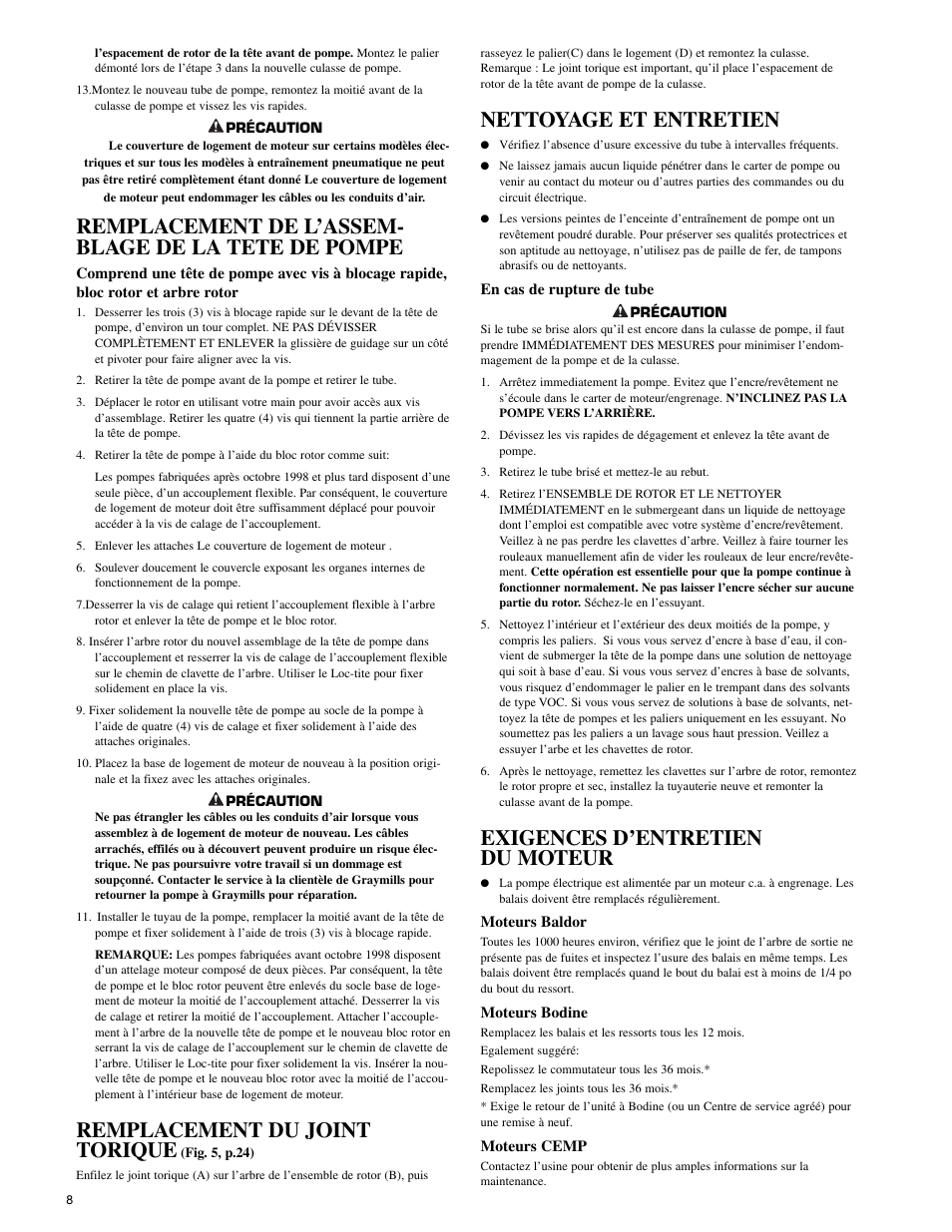 Remplacement de l’assem- blage de la tete de pompe, Remplacement du joint torique, Nettoyage et entretien | Exigences d’entretien du moteur | Graymills Peristaltic OMI User Manual | Page 8 / 22
