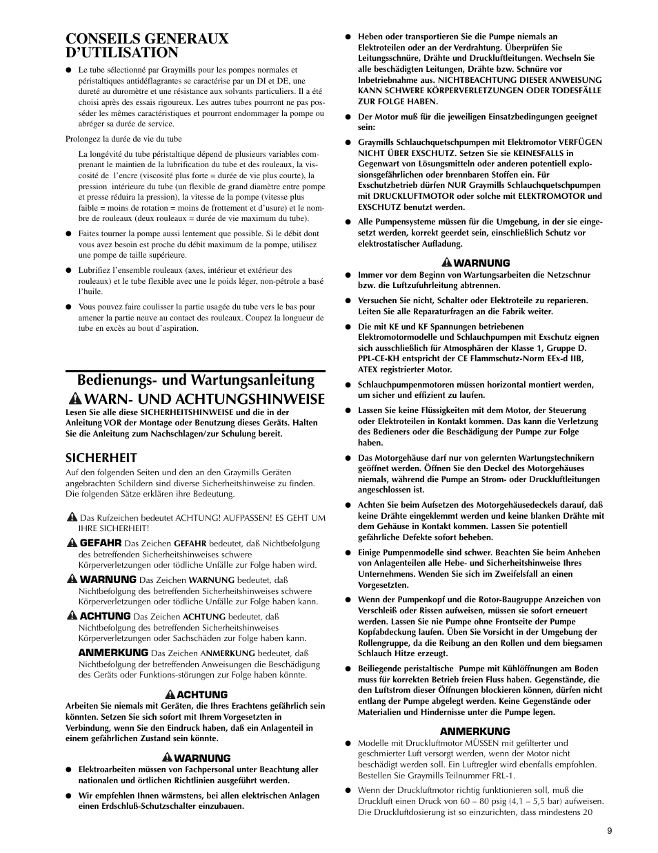 Conseils generaux d’utilisation, Sicherheit | Graymills Peristaltic OMI User Manual | Page 9 / 22