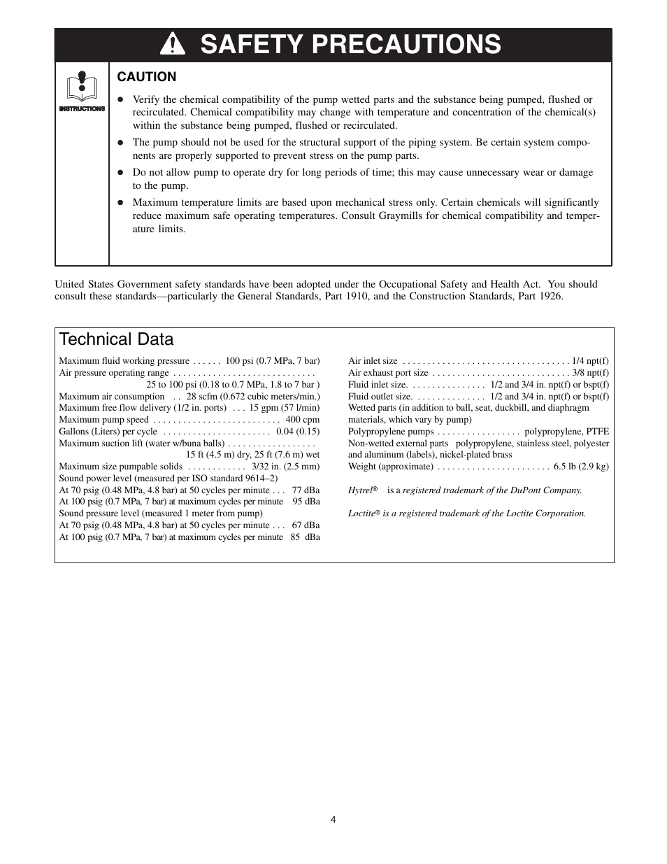 Safety precautions, Technical data | Graymills DDP .5' Pump User Manual | Page 4 / 20