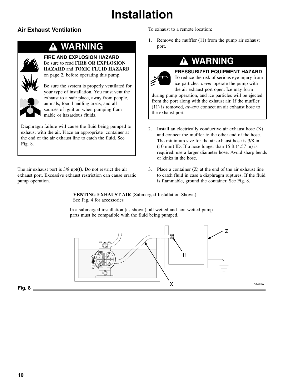 Installation, Warning | Graymills DDP .375' Pump OMI User Manual | Page 10 / 32