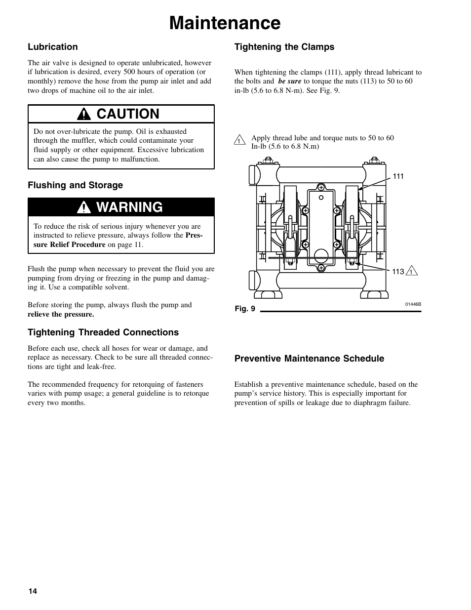 Maintenance, Caution, Warning | Graymills DDP .375' Pump OMI User Manual | Page 14 / 32