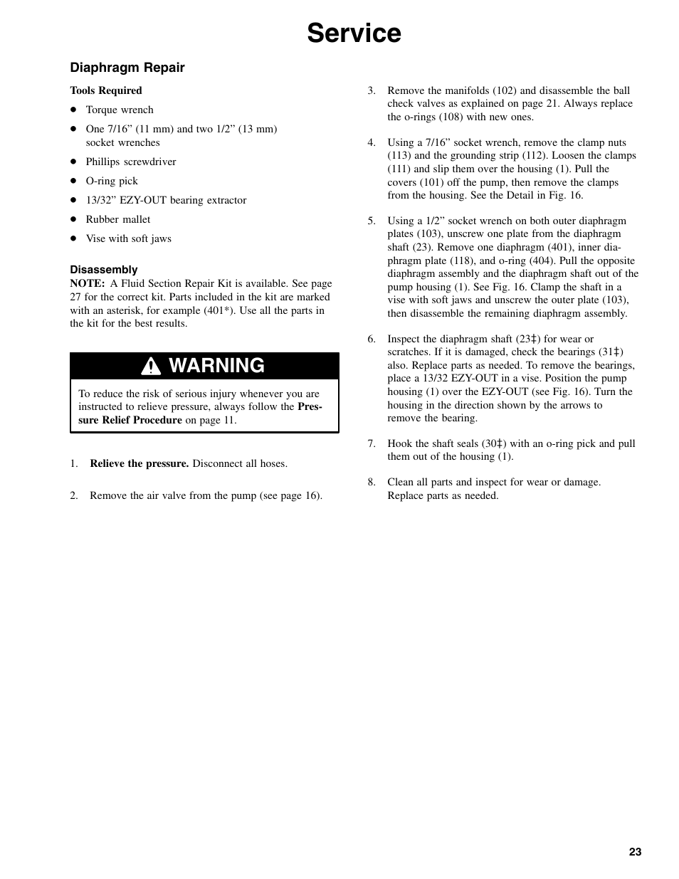 Service, Warning | Graymills DDP .375' Pump OMI User Manual | Page 23 / 32