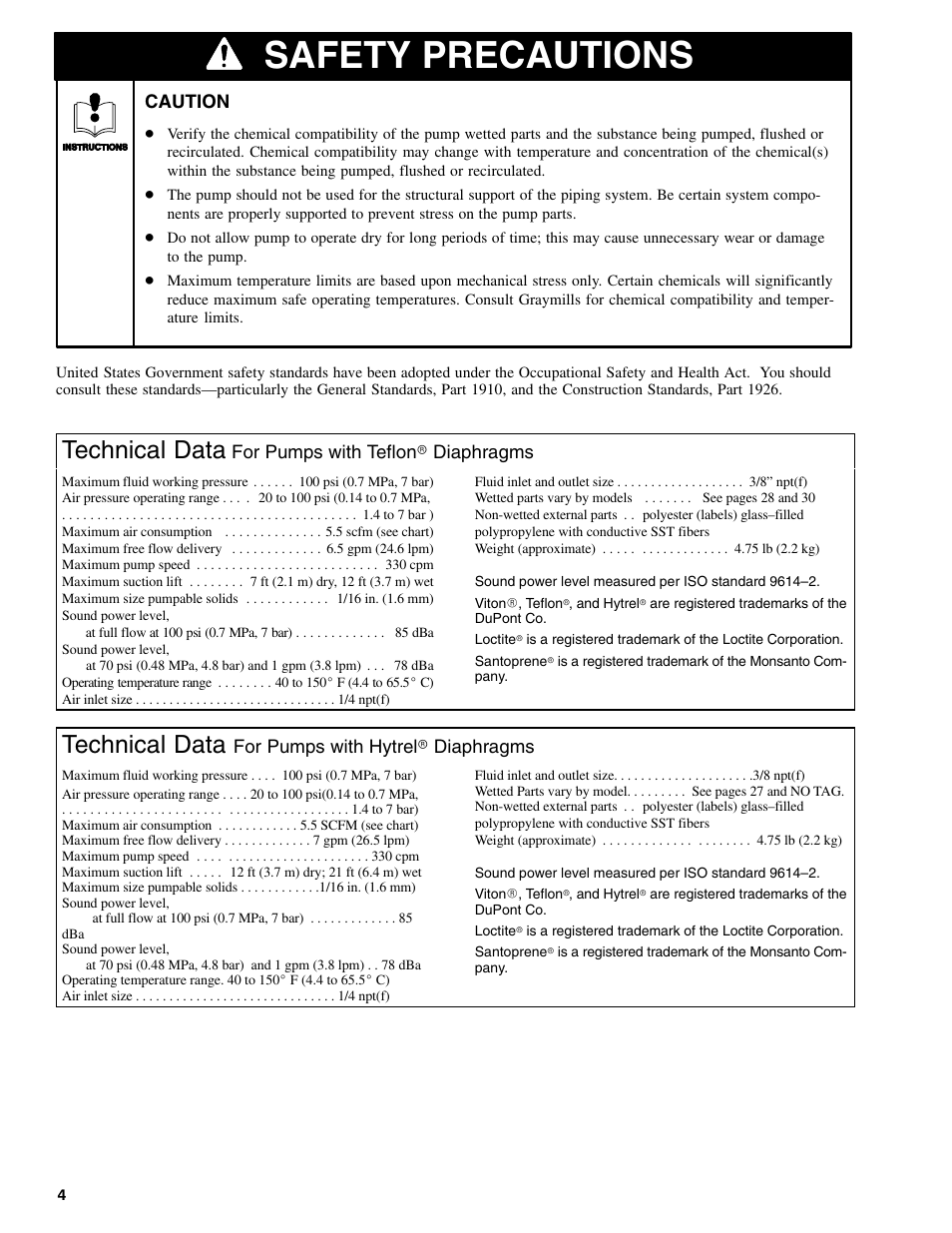 Safety precautions, Technical data | Graymills DDP .375' Pump OMI User Manual | Page 4 / 32
