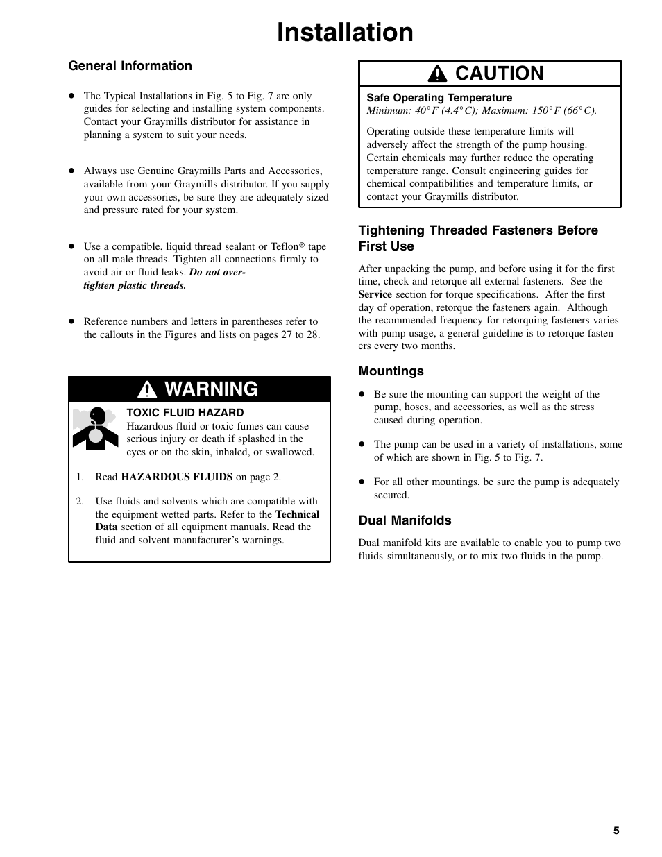 Installation, Warning, Caution | Graymills DDP .375' Pump OMI User Manual | Page 5 / 32