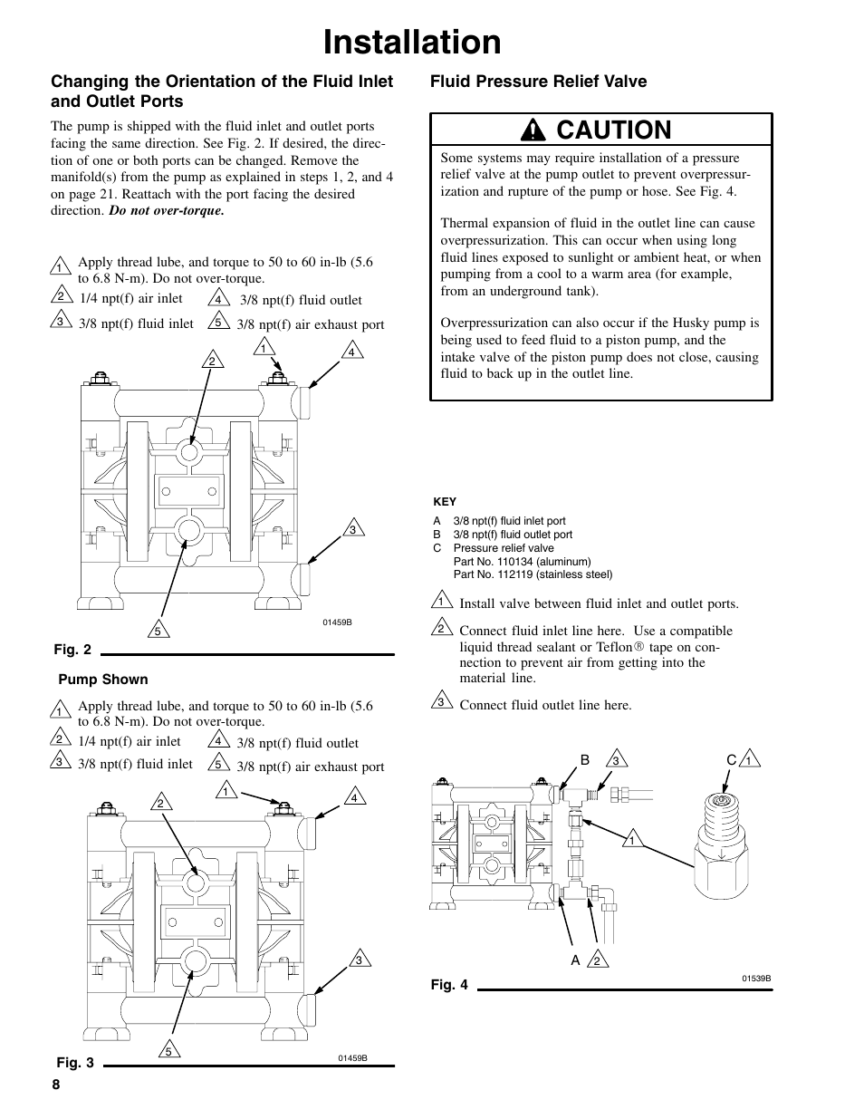 Installation, Caution, Fluid pressure relief valve | Graymills DDP .375' Pump OMI User Manual | Page 8 / 32
