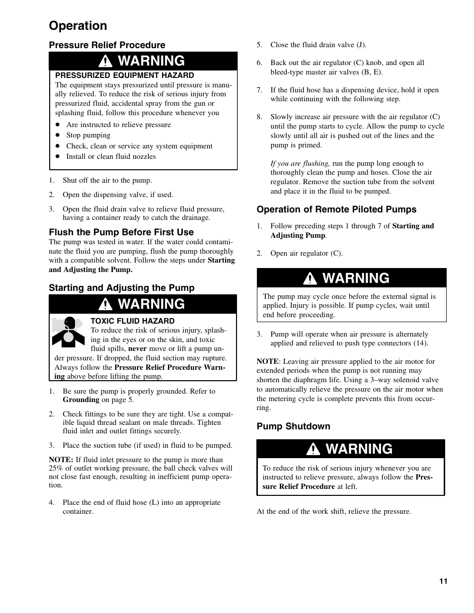 Warning, Operation | Graymills DDP 1' Aluminum Pump User Manual | Page 11 / 26