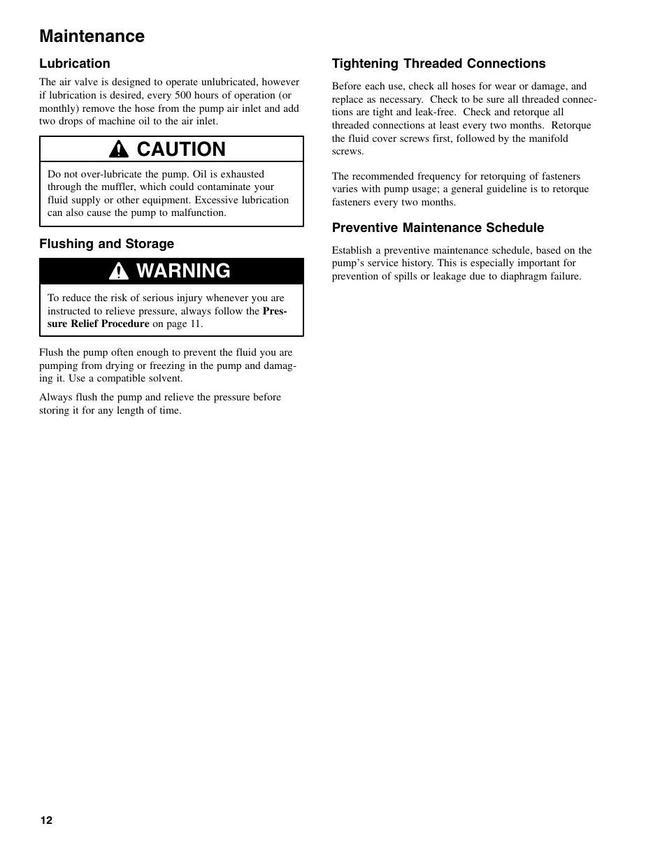 Caution, Warning, Maintenance | Graymills DDP 1' Aluminum Pump User Manual | Page 12 / 26