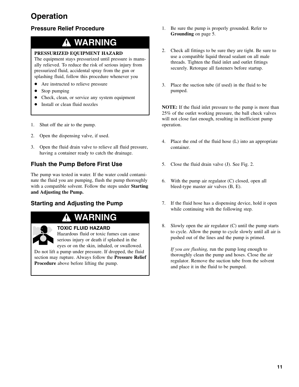 Warning, Operation | Graymills DDP 1' Pump OMI User Manual | Page 11 / 26