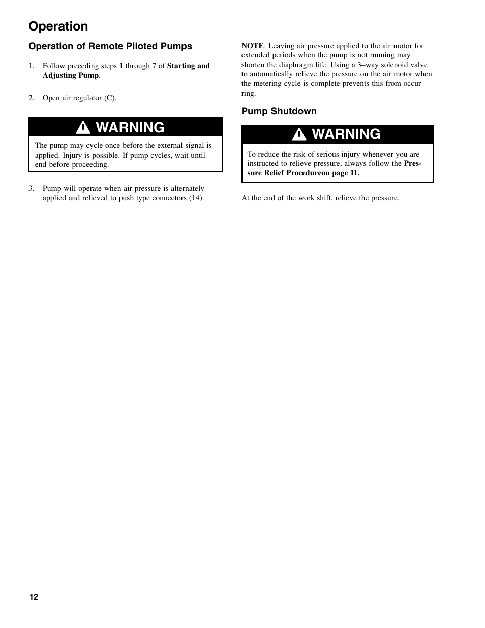 Warning, Operation | Graymills DDP 1' Pump OMI User Manual | Page 12 / 26