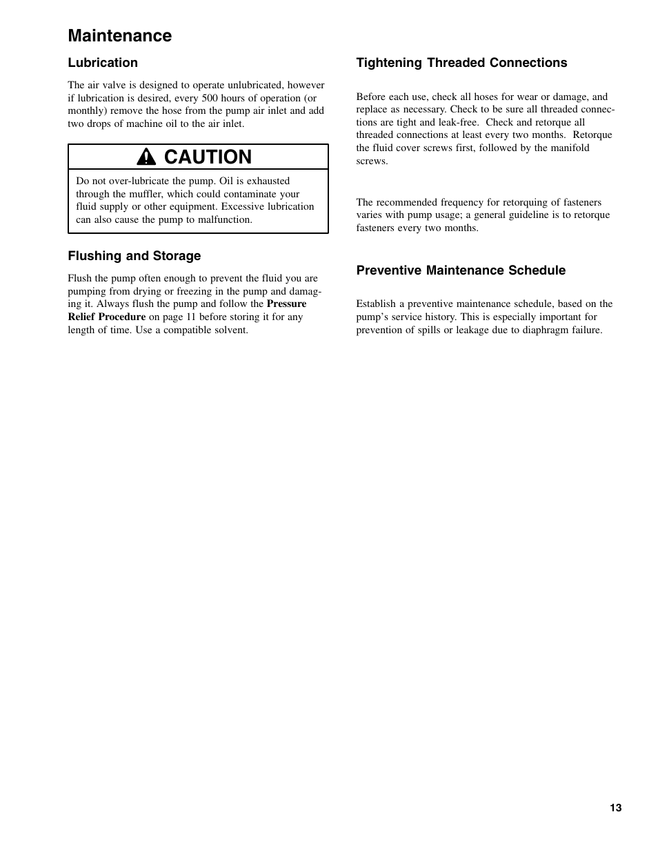 Caution, Maintenance | Graymills DDP 1' Pump OMI User Manual | Page 13 / 26