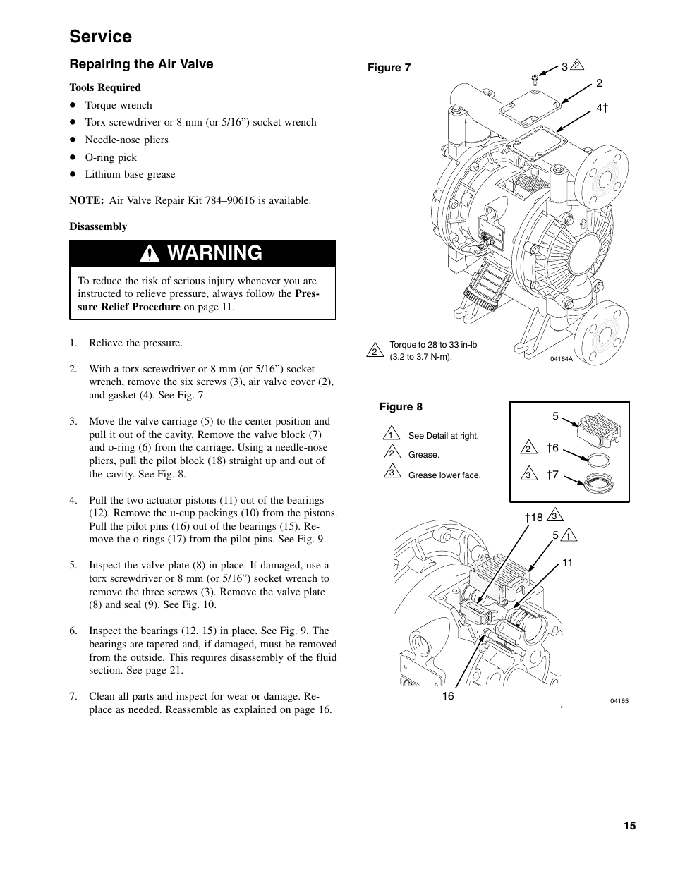 Warning, Service, Repairing the air valve | Graymills DDP 1' Pump OMI User Manual | Page 15 / 26