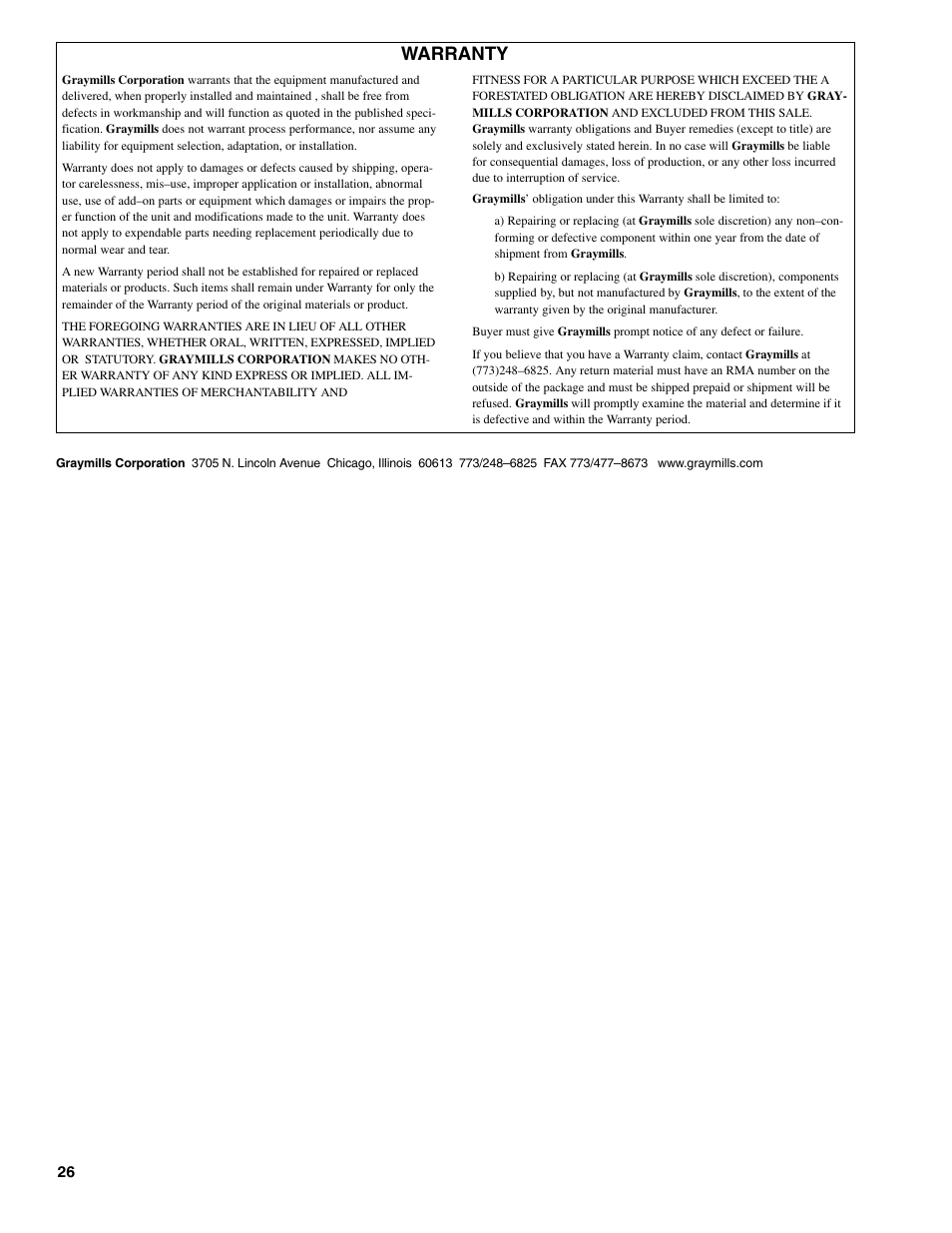 Warranty | Graymills DDP 1' Pump OMI User Manual | Page 26 / 26