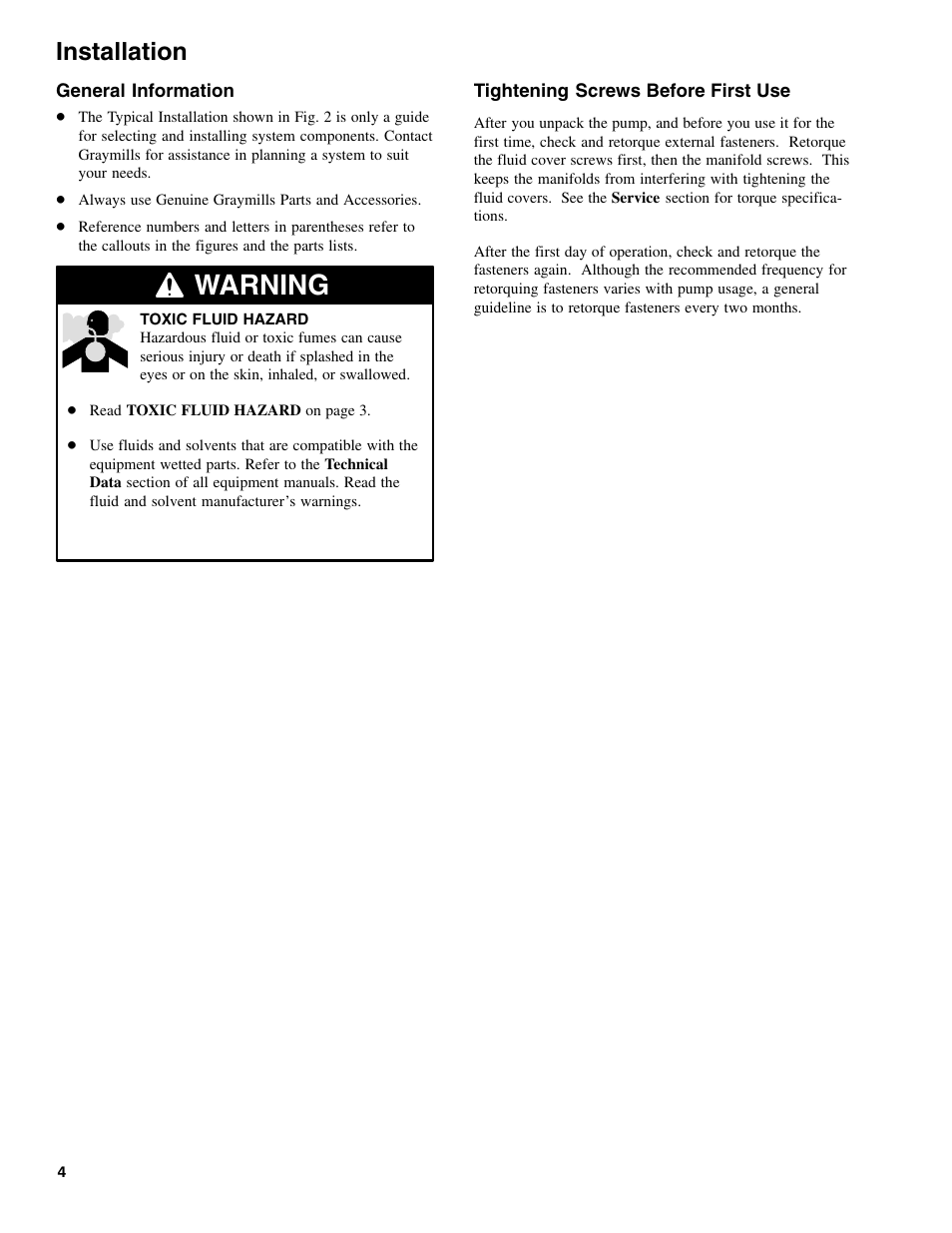 Warning, Installation | Graymills DDP 1' Pump OMI User Manual | Page 4 / 26