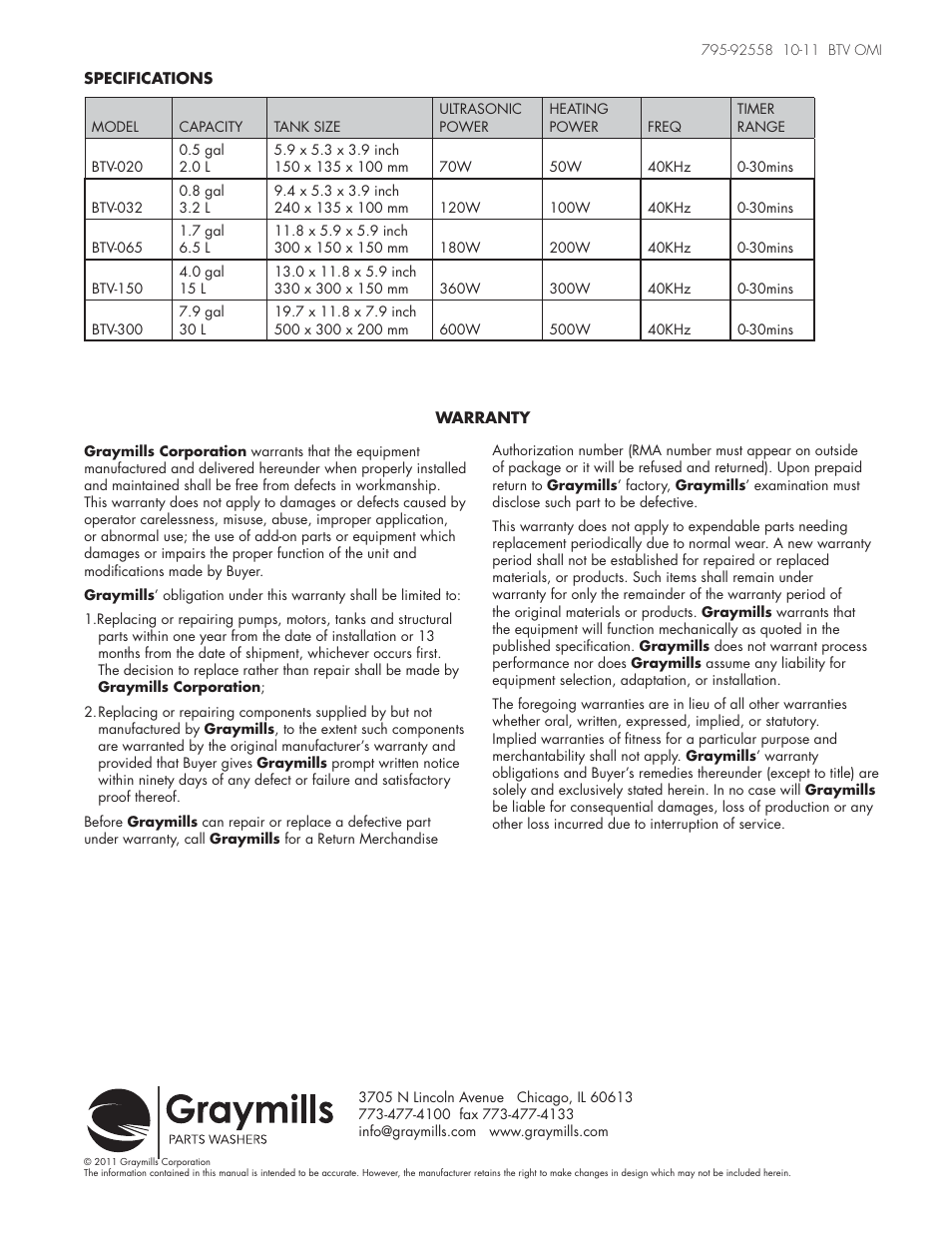 Graymills BTV Ultrasonic OMI User Manual | Page 3 / 3