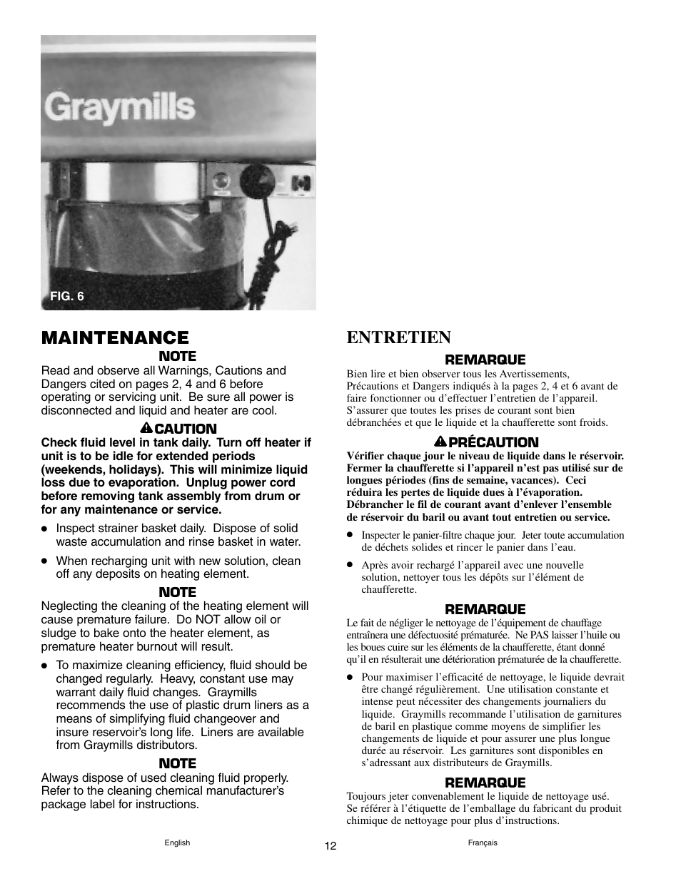 Maintenance, Entretien | Graymills DH226A Drum Mount OMI User Manual | Page 12 / 16