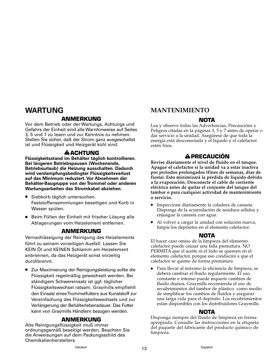 Wartung, Mantenimiento | Graymills DH226A Drum Mount OMI User Manual | Page 13 / 16
