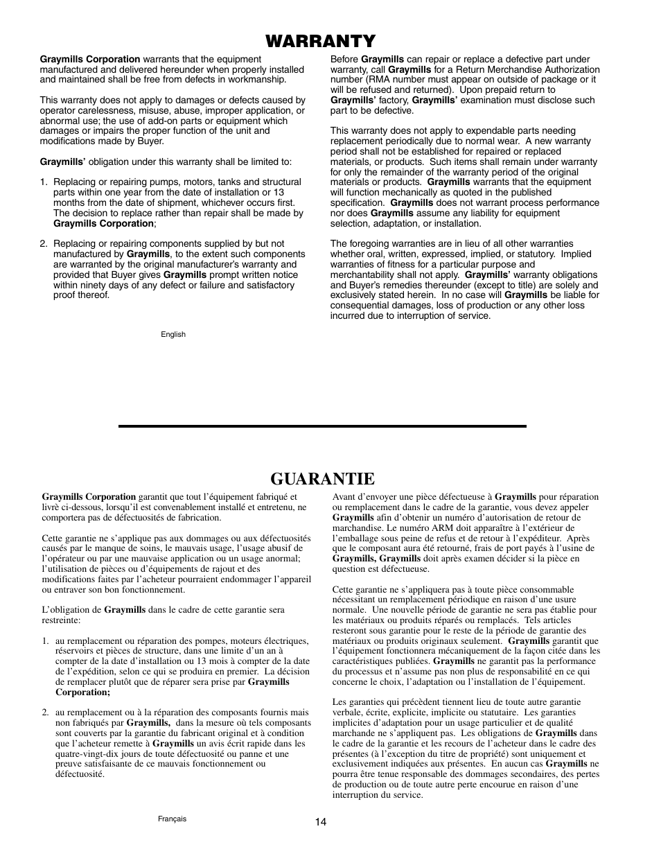 Guarantie, Warranty | Graymills DH226A Drum Mount OMI User Manual | Page 14 / 16