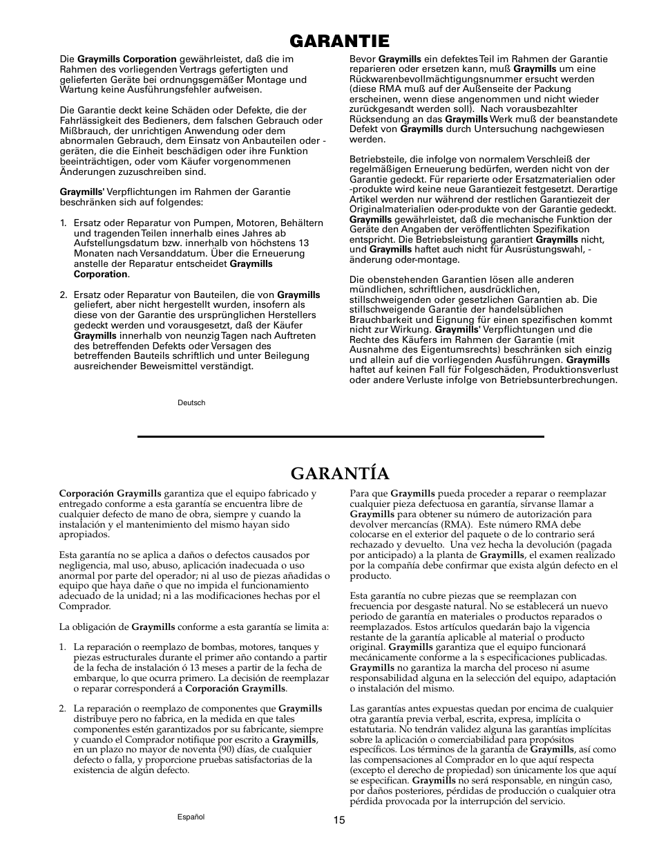 Garantía, Garantie | Graymills DH226A Drum Mount OMI User Manual | Page 15 / 16