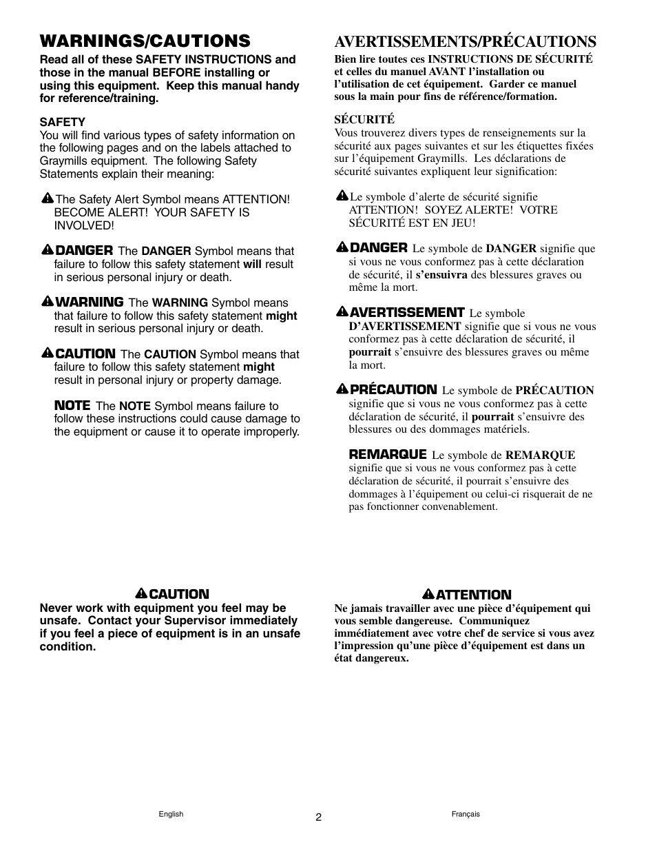 Warnings/cautions, Avertissements/précautions | Graymills DH226A Drum Mount OMI User Manual | Page 2 / 16