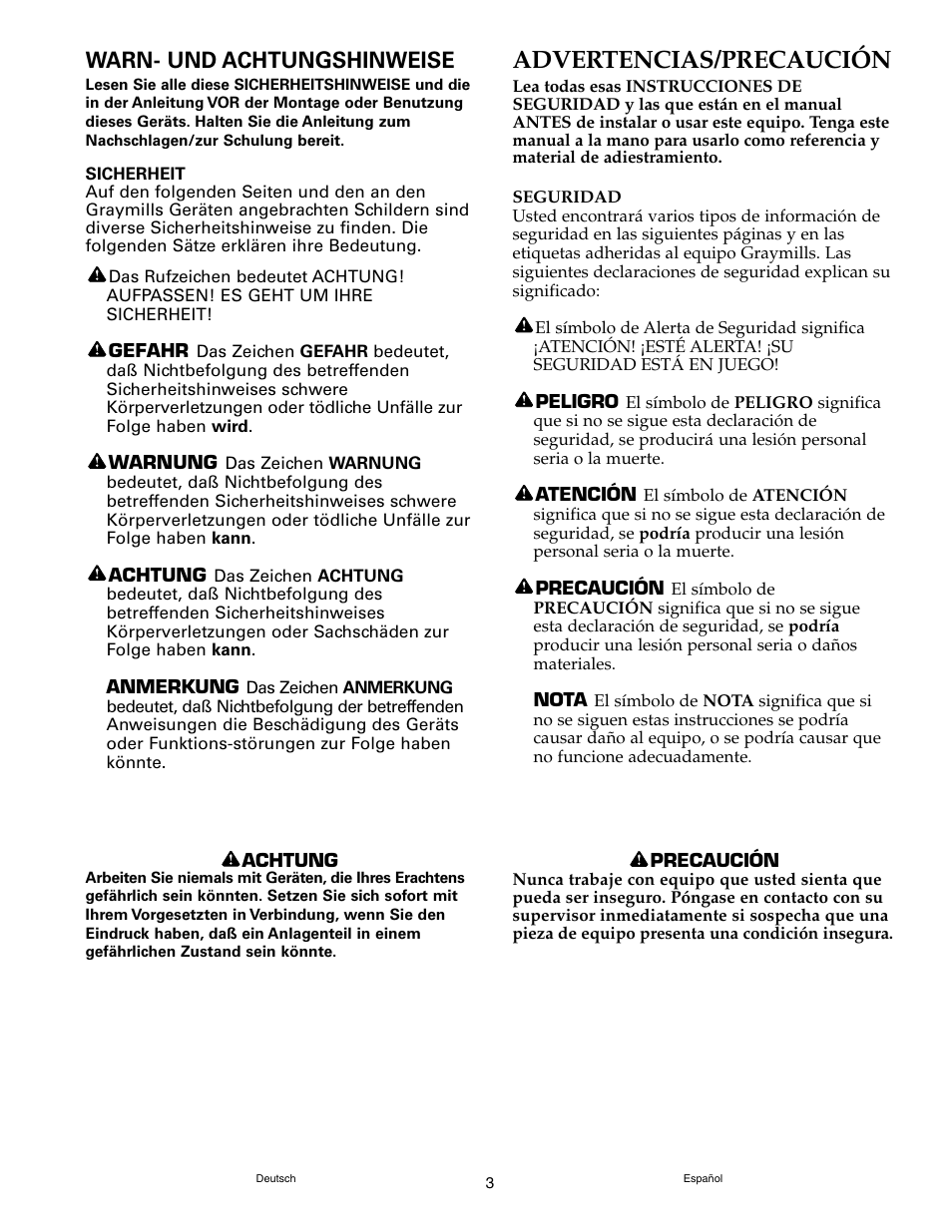 Advertencias/precaución, Warn- und achtungshinweise | Graymills DH226A Drum Mount OMI User Manual | Page 3 / 16