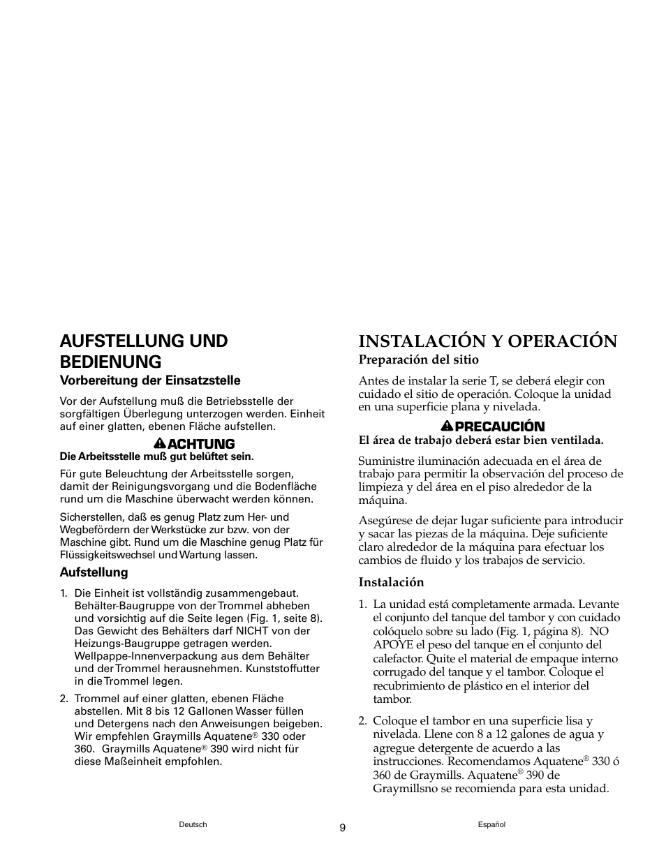 Aufstellung und bedienung, Instalación y operación | Graymills DH226A Drum Mount OMI User Manual | Page 9 / 16