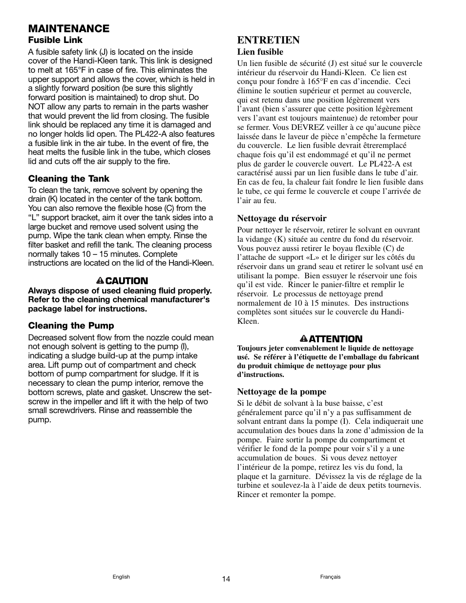 Maintenance, Entretien | Graymills Handi-Kleen PL422 OMI User Manual | Page 14 / 20