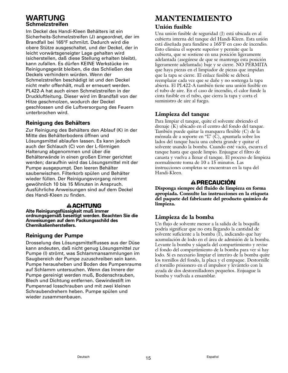 Wartung, Mantenimiento | Graymills Handi-Kleen PL422 OMI User Manual | Page 15 / 20