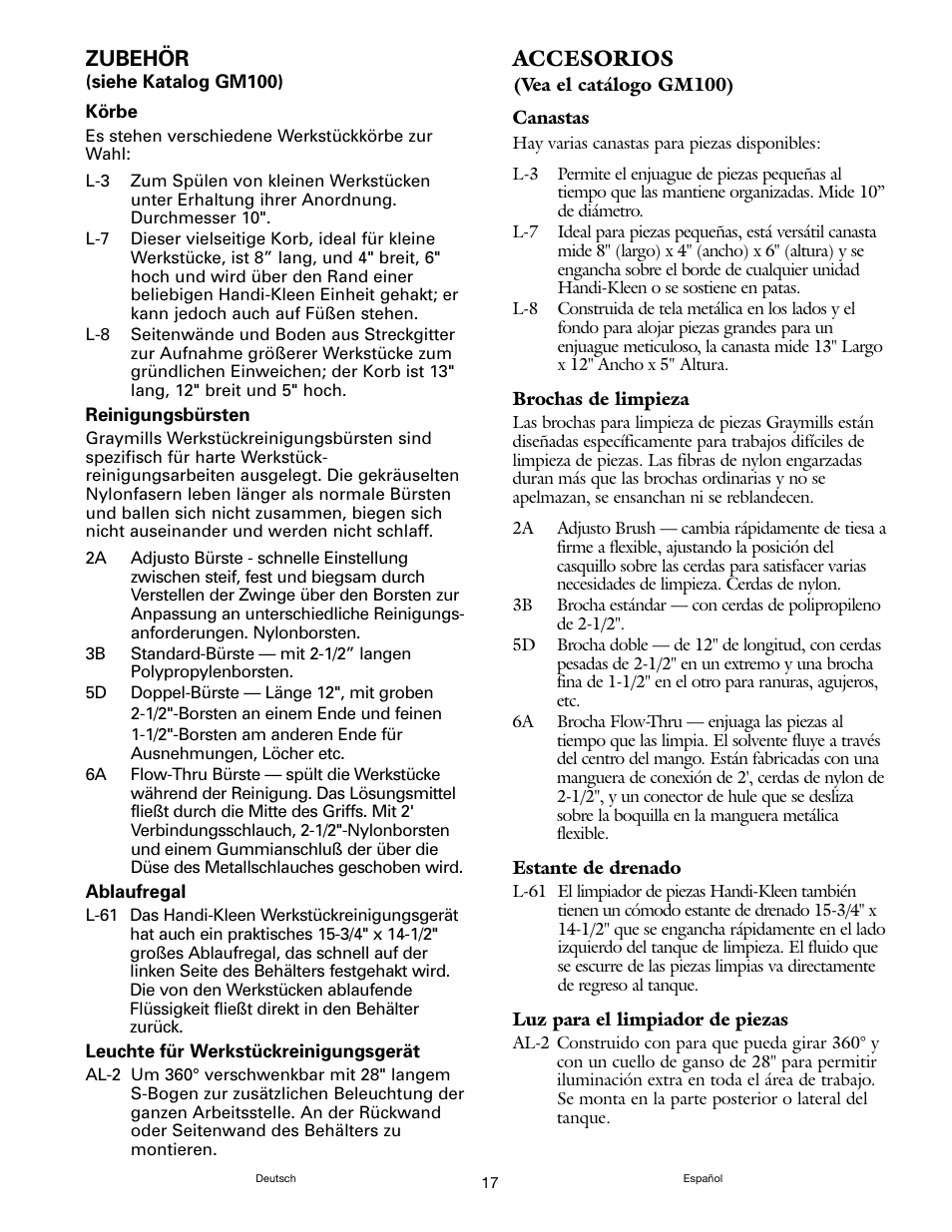 Zubehör, Accesorios | Graymills Handi-Kleen PL422 OMI User Manual | Page 17 / 20
