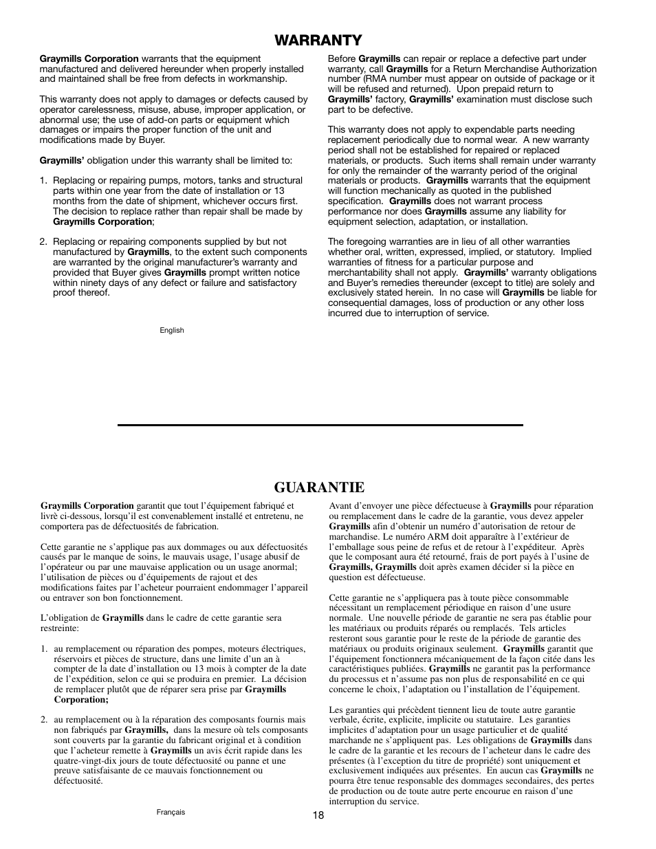 Guarantie, Warranty | Graymills Handi-Kleen PL422 OMI User Manual | Page 18 / 20
