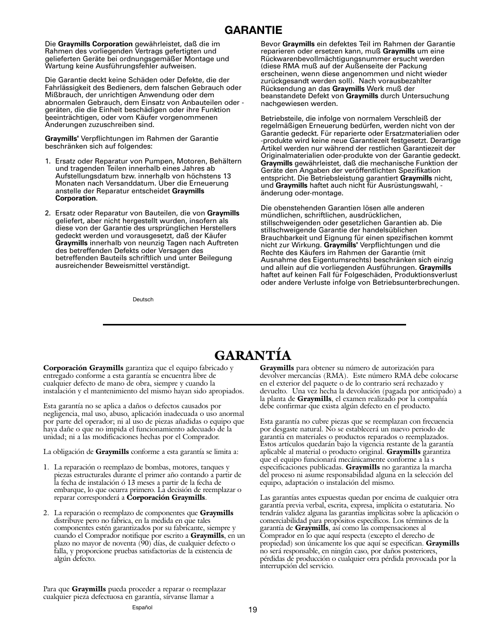 Garantía, Garantie | Graymills Handi-Kleen PL422 OMI User Manual | Page 19 / 20
