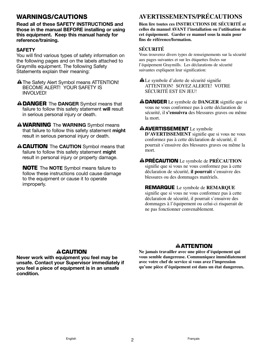 Warnings/cautions, Avertissements/précautions | Graymills Handi-Kleen PL422 OMI User Manual | Page 2 / 20