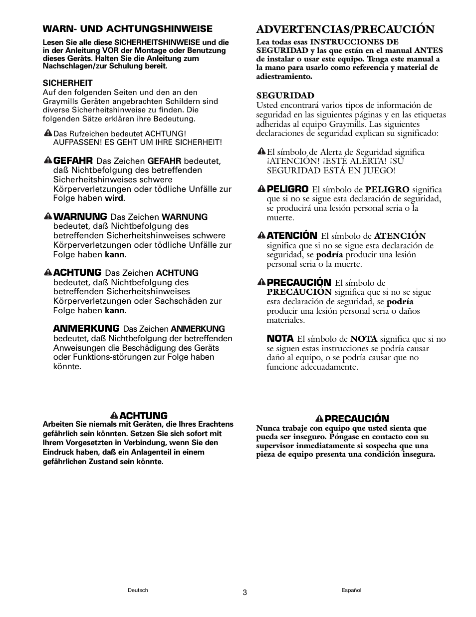 Advertencias/precaución | Graymills Handi-Kleen PL422 OMI User Manual | Page 3 / 20
