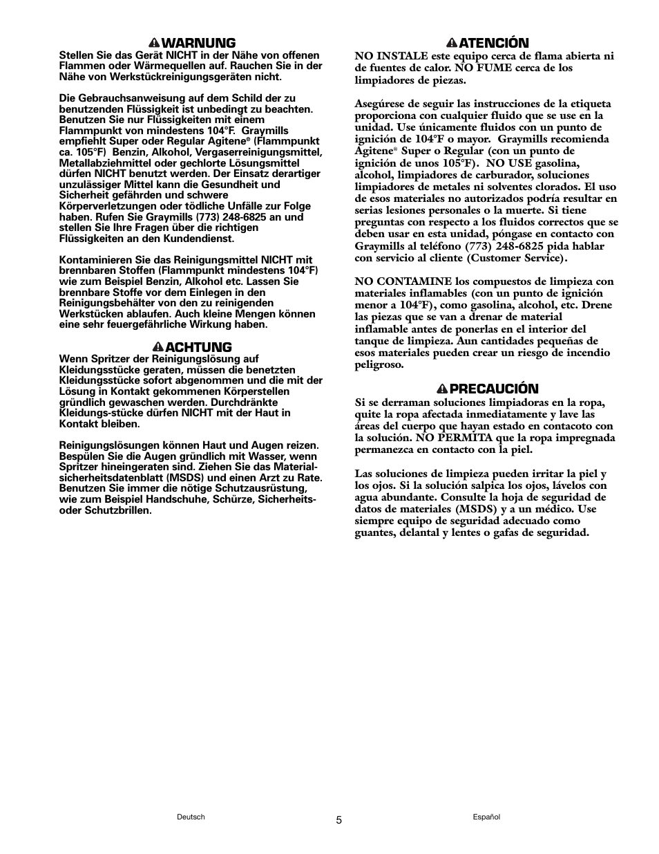 Warnung, Achtung, Atención | Precaución | Graymills Handi-Kleen PL422 OMI User Manual | Page 5 / 20