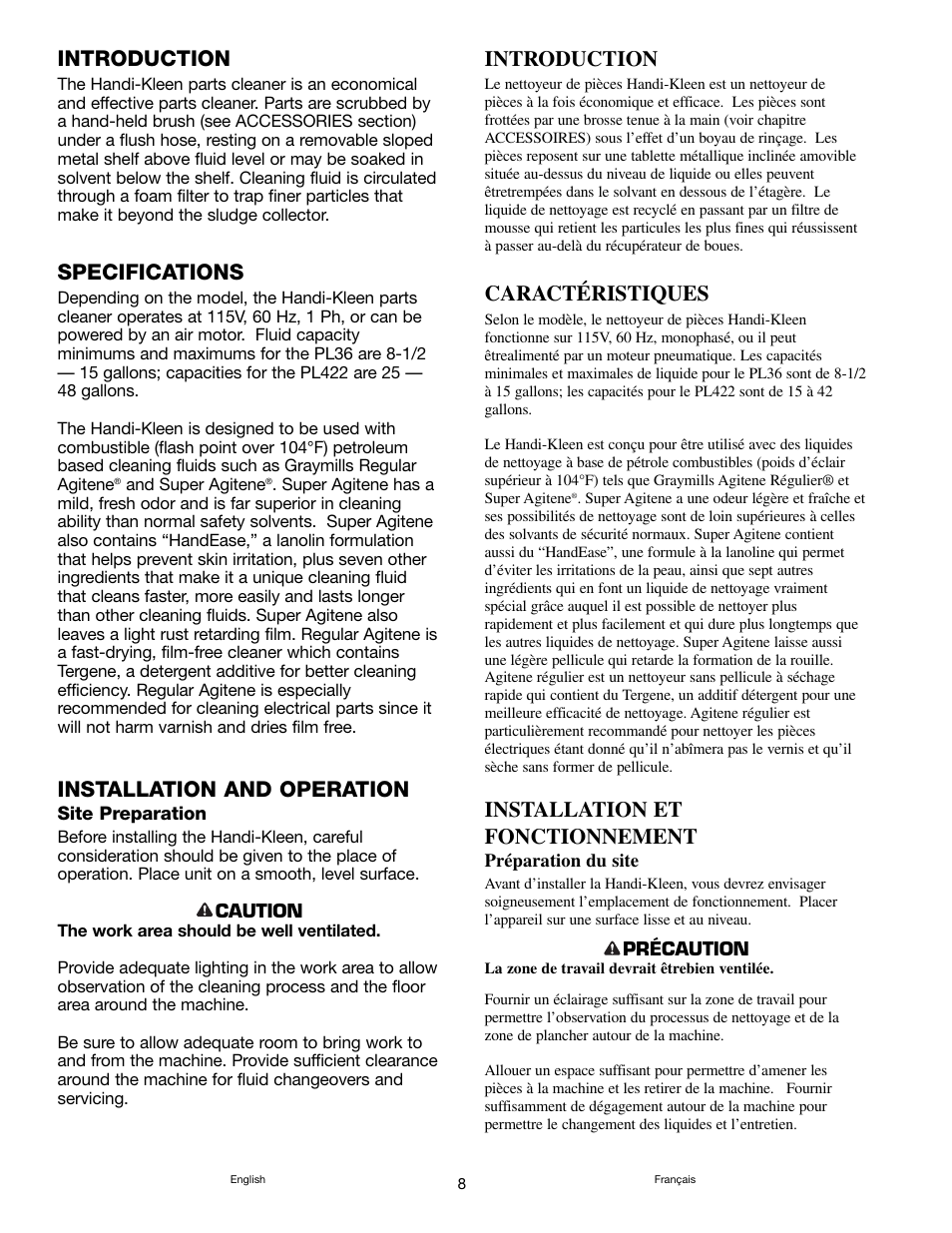 Introduction, Specifications, Installation and operation | Caractéristiques, Installation et fonctionnement | Graymills Handi-Kleen PL422 OMI User Manual | Page 8 / 20