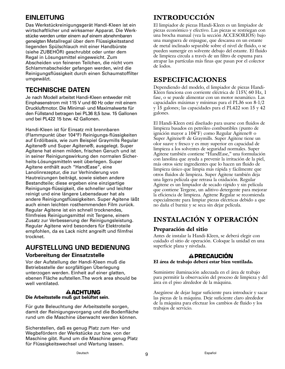 Einleitung, Technische daten, Aufstellung und bedienung | Introducción, Especificaciones, Instalación y operación | Graymills Handi-Kleen PL422 OMI User Manual | Page 9 / 20