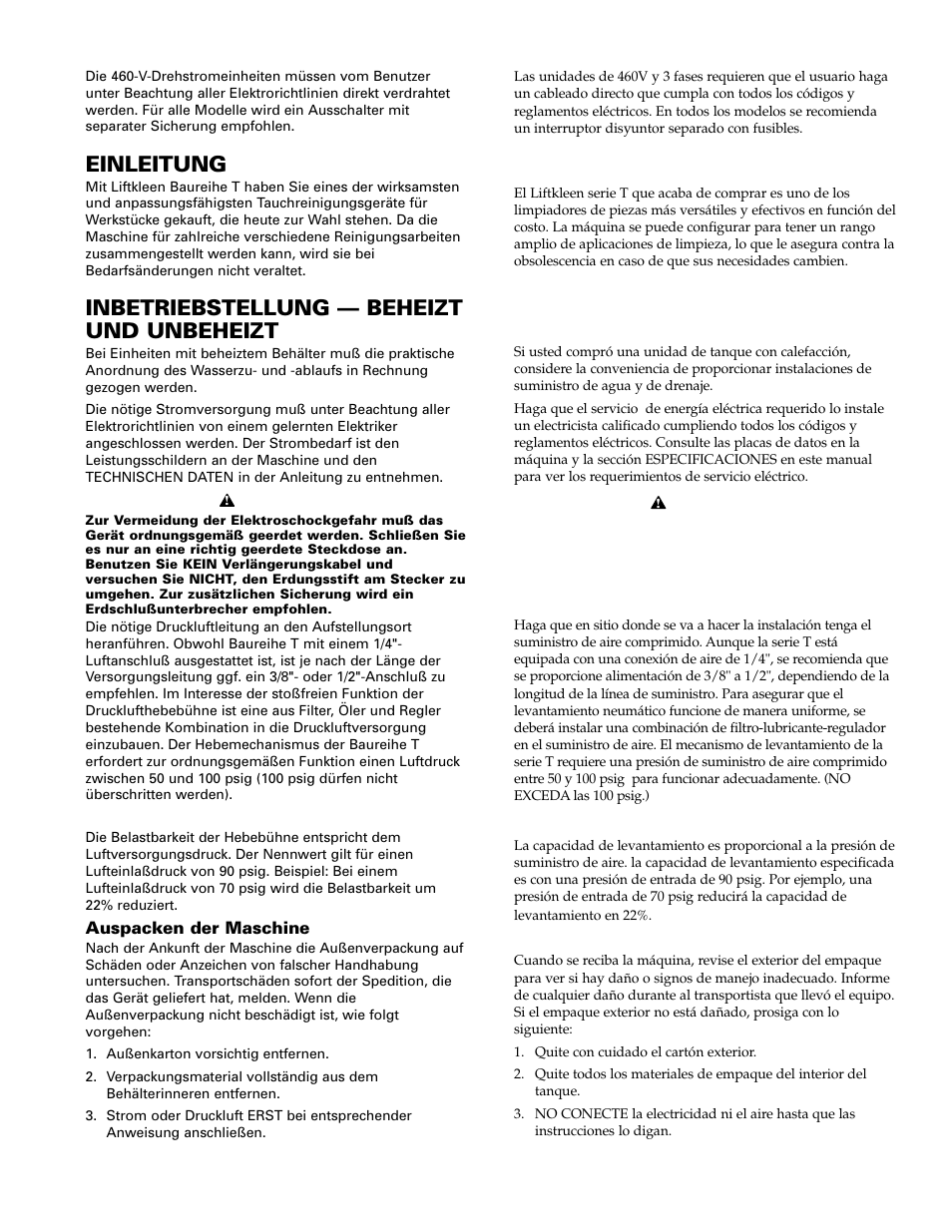 Introducción, Comenzar – con y sin calefacción, Einleitung | Inbetriebstellung — beheizt und unbeheizt | Graymills Liftkleen T-Series OMI User Manual | Page 11 / 32