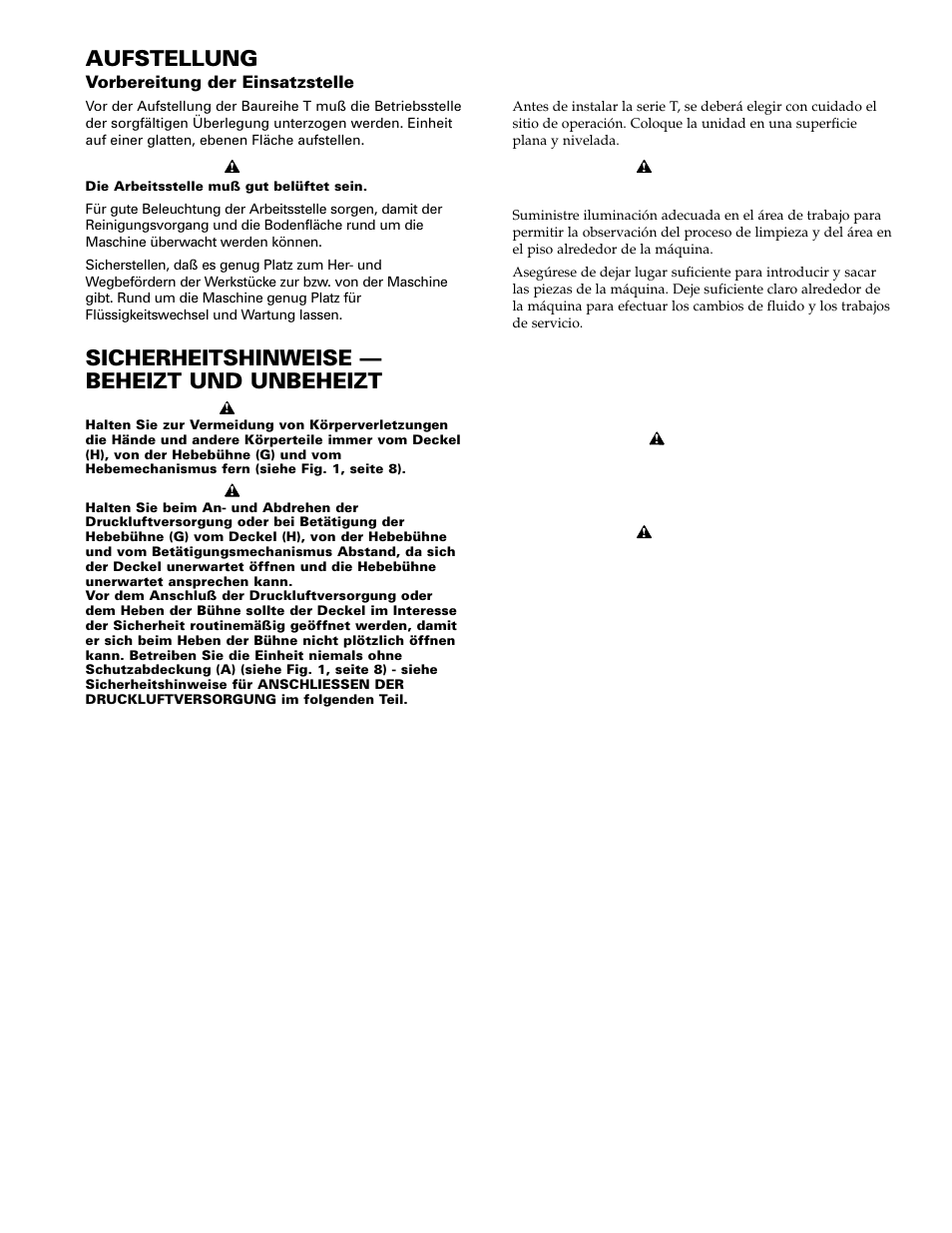 Instalación, Procedimiento de seguridad – con y sin calefacción, Aufstellung | Sicherheitshinweise — beheizt und unbeheizt | Graymills Liftkleen T-Series OMI User Manual | Page 13 / 32