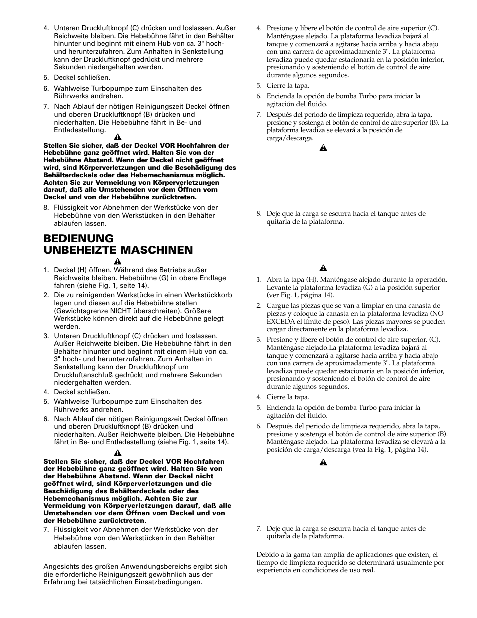 Operación maquinas sin calefacción, Bedienung unbeheizte maschinen | Graymills Liftkleen T-Series OMI User Manual | Page 21 / 32
