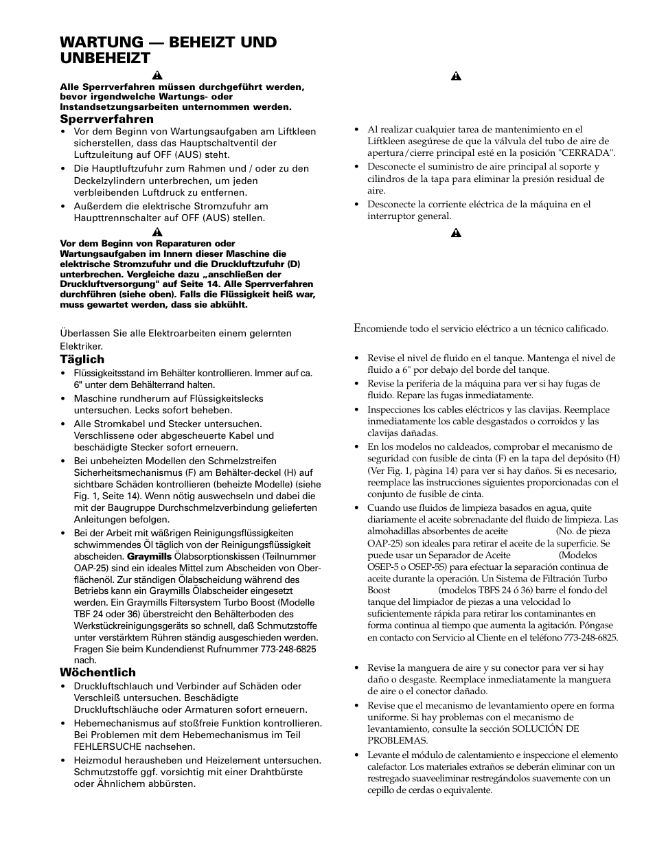Mantenimiento – con y sin calefacción, Wartung — beheizt und unbeheizt | Graymills Liftkleen T-Series OMI User Manual | Page 23 / 32