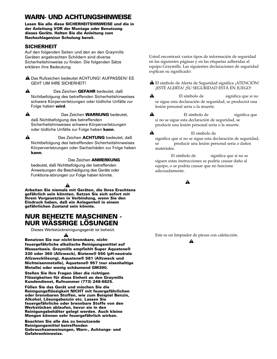 Warn- und achtungshinweise, Nur beheizte maschinen - nur wässrige lösungen, Advertencias/precaución | Graymills Liftkleen T-Series OMI User Manual | Page 3 / 32