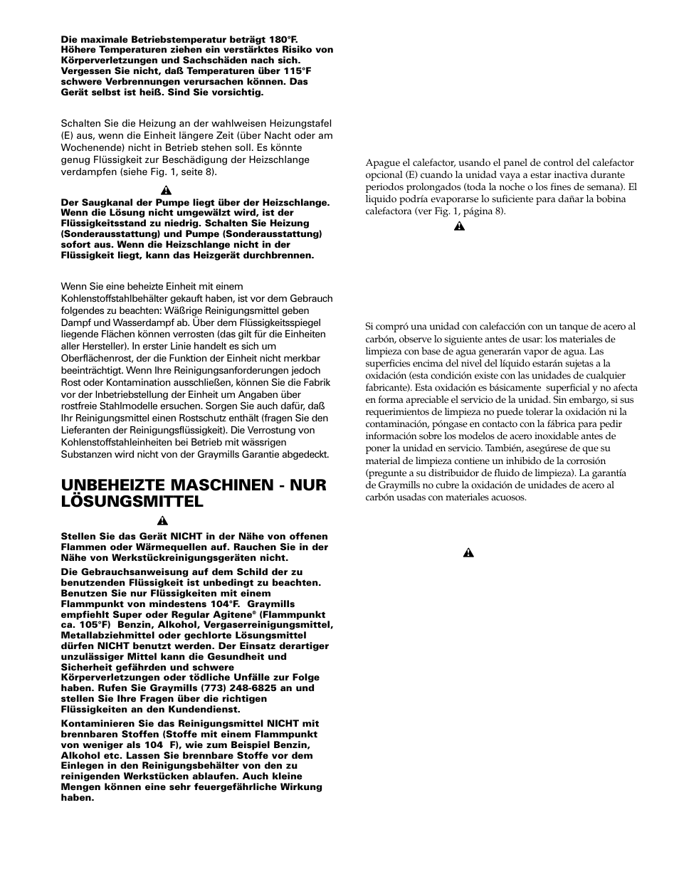 Unbeheizte maschinen - nur lösungsmittel, Máquinas sin calefacción – solvente | Graymills Liftkleen T-Series OMI User Manual | Page 5 / 32