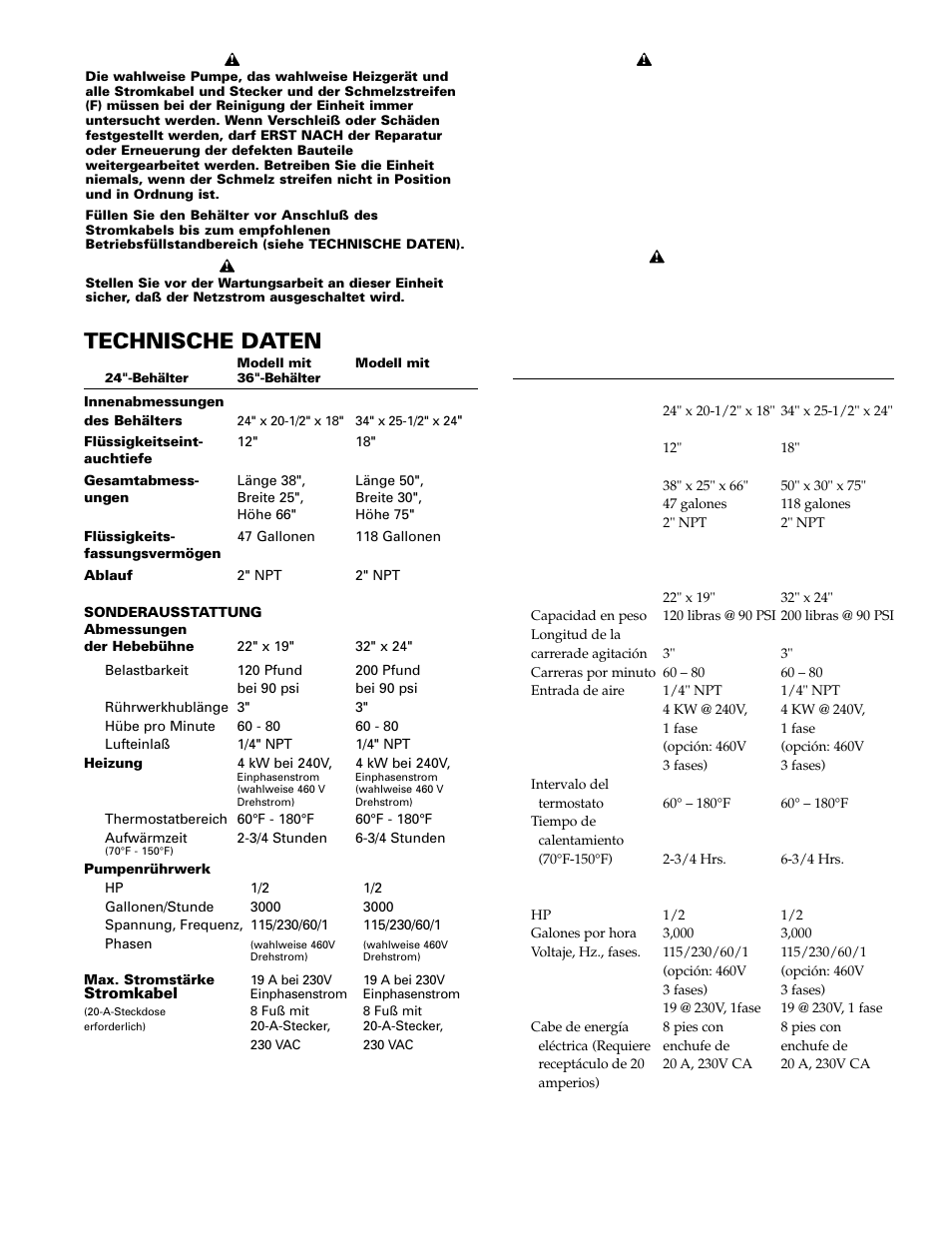 Especificaciones, Technische daten | Graymills Liftkleen T-Series OMI User Manual | Page 9 / 32