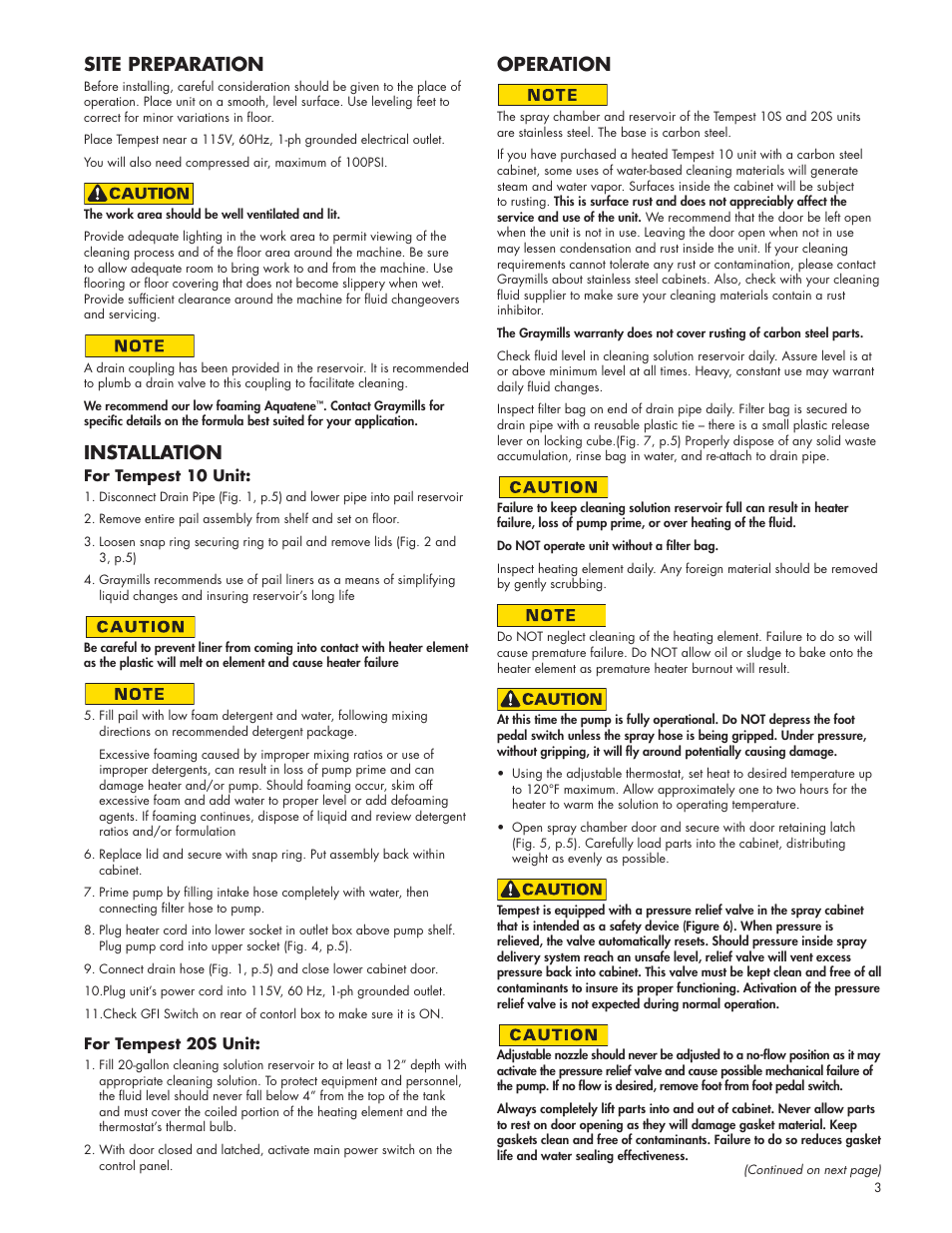 Site preparation, Installation, Operation | Graymills Tempest Tl2 OMI User Manual | Page 3 / 8