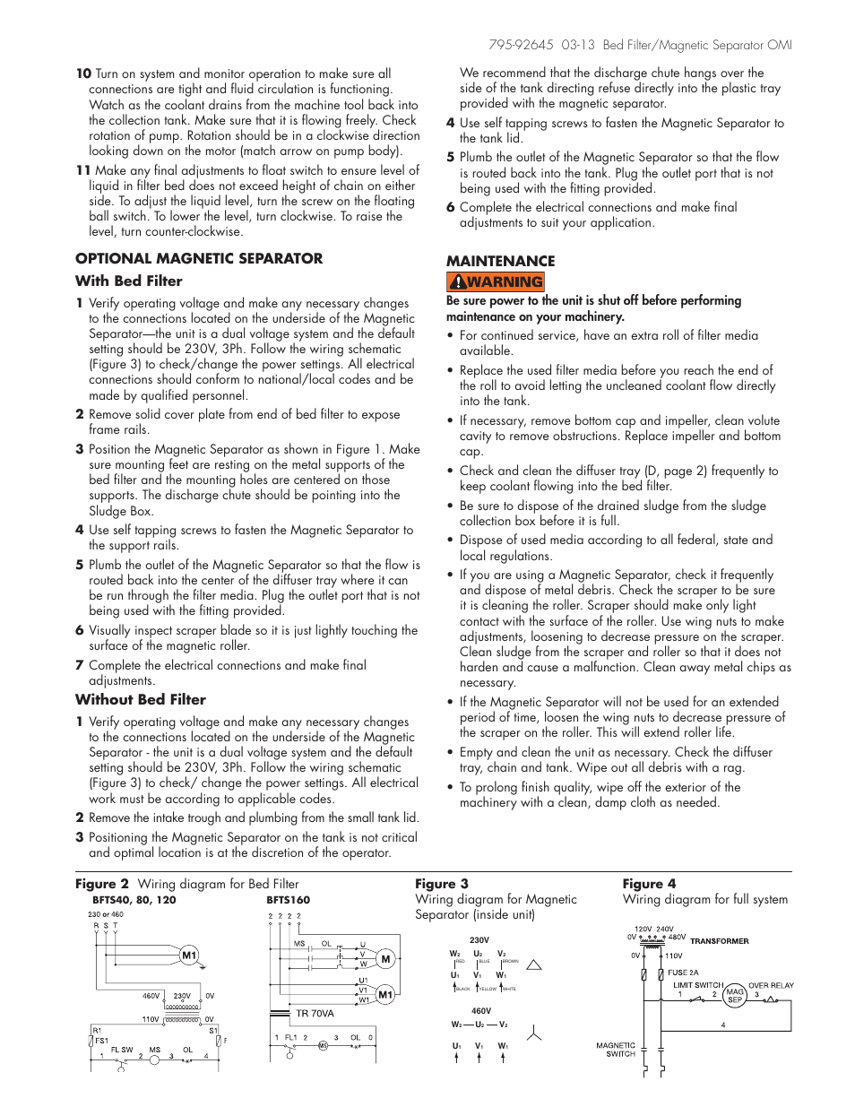 Optional magnetic separator with bed filter, Without bed filter, Maintenance | Graymills Bed Filter OMI User Manual | Page 3 / 4