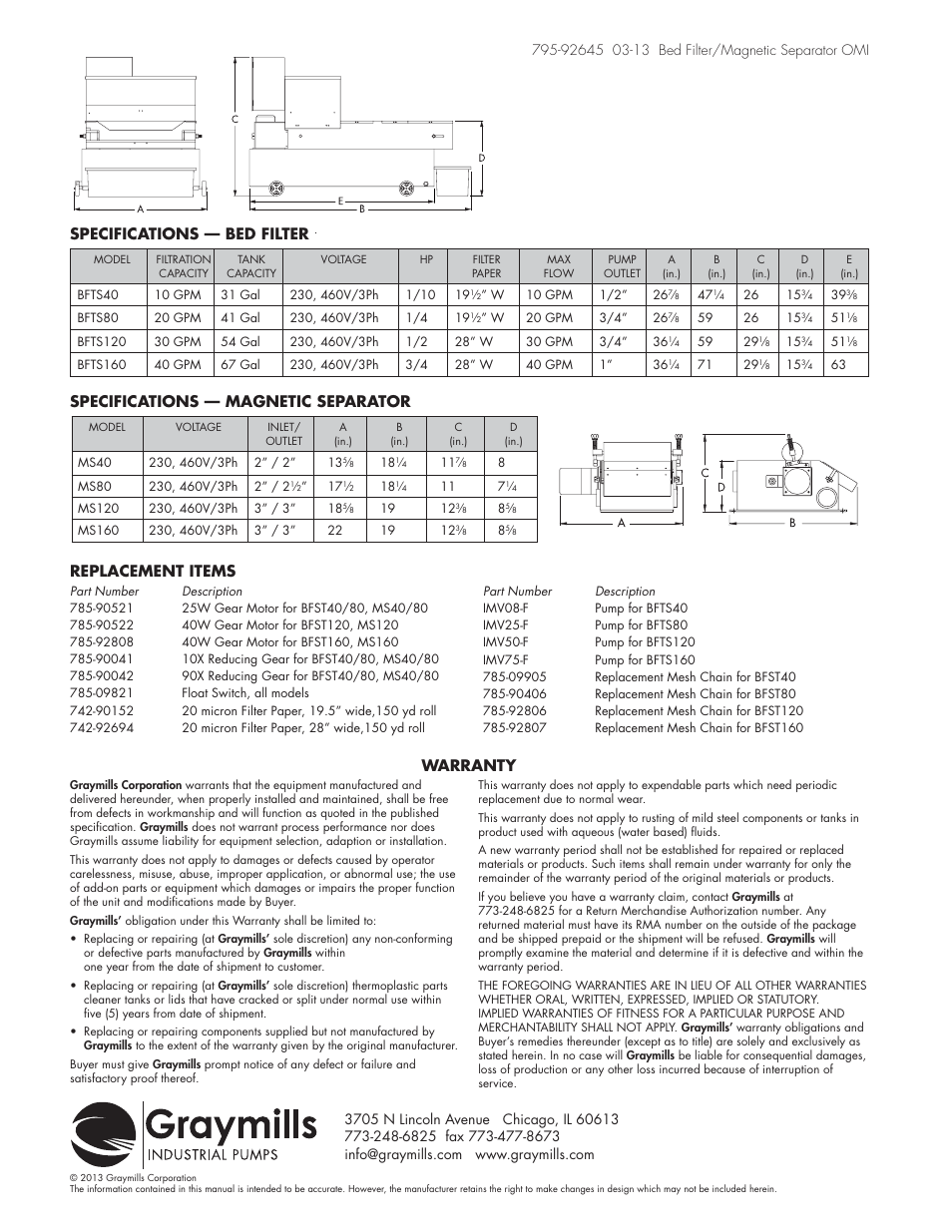 Warranty, Replacement items | Graymills Bed Filter OMI User Manual | Page 4 / 4