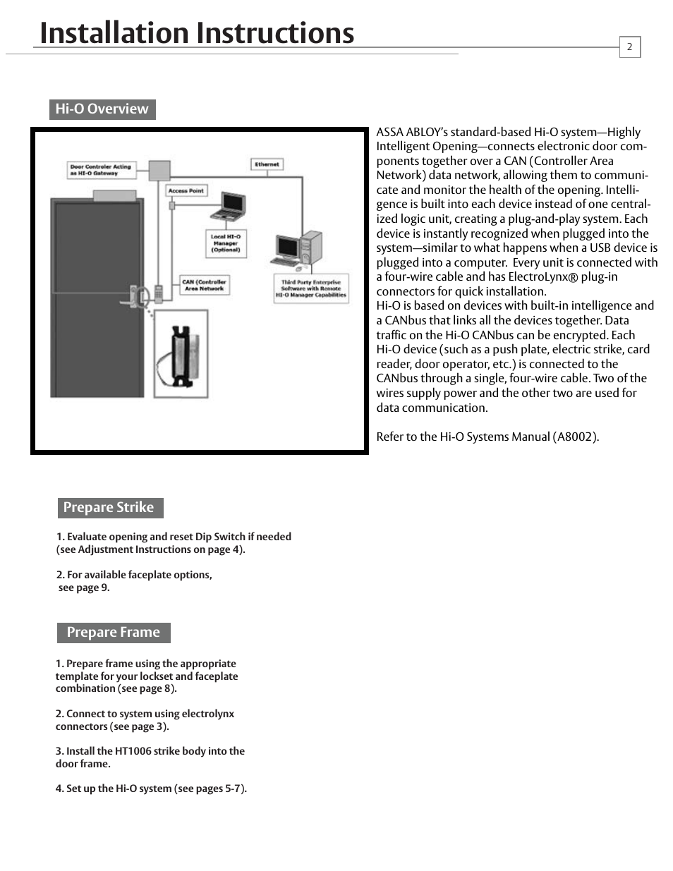 Installation instructions, Hi-o overview prepare strike prepare frame | HES HT1006 User Manual | Page 2 / 11