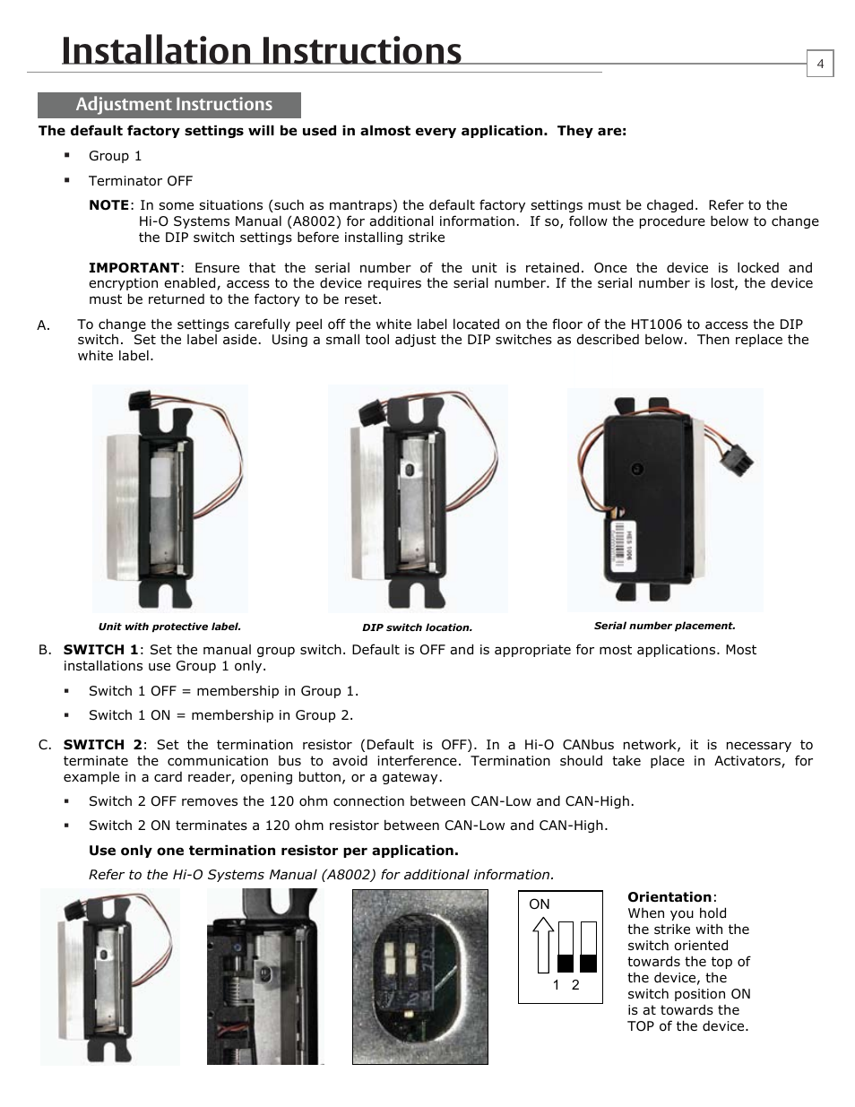 Installation instructions, Adjustment instructions | HES HT1006 User Manual | Page 4 / 11