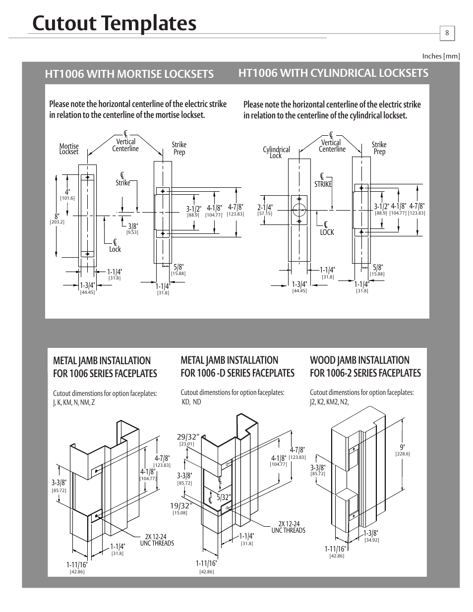 Cutout templates, Ht1006 with cylindrical locksets, Ht1006 with mortise locksets | Metal jamb installation for 1006 series faceplates | HES HT1006 User Manual | Page 9 / 11